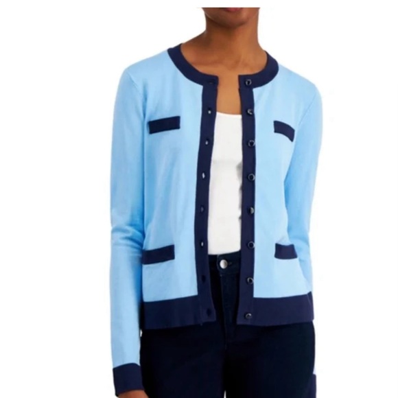 NWT Charter Club Light Blue and Navy Cardigan - Picture 1 of 10
